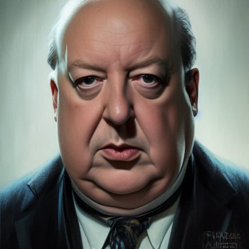 AI-generated portrait of horror director Alfred Hitchcock